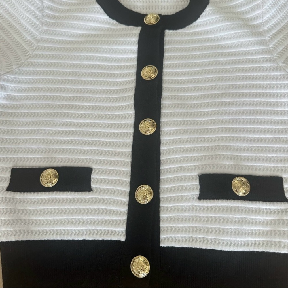 Generation Love Black and White Short Sleeve Knit Cardigan with gold buttons - Picture 2 of 4